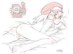 Rule 34 | 1girl, ass, barefoot, bed, blush, breasts, cleft of venus, feet, female focus, hat, kino ayuri, legs, looking back, lying, mega man (series), mega man legends (series), monochrome, nipples, nude, on stomach, pussy, roll caskett (mega man), small breasts, solo, spiked hair, sweatdrop, tears, thighs, uncensored, wavy mouth