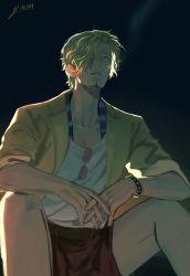 Rule 34 | 1boy, bishounen, black background, blonde hair, cigarette, commentary, facial hair, hair over one eye, highres, kotomine (a1569), leg hair, male focus, mouth hold, one piece, own hands together, sanji (one piece), shirt, short hair, simple background, sitting, smoking, sunglasses, symbol-only commentary, watch, white shirt, wristwatch