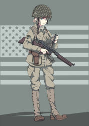 Rule 34 | 101 airborne, 1girl, american flag, blue eyes, combat helmet, commentary, english commentary, etmc1992, finger on trigger, full body, green helmet, gun, helmet, holding, holding gun, holding weapon, m1 helmet, military, military uniform, original, soldier, solo, standing, submachine gun, thompson submachine gun, uniform, united states army, weapon