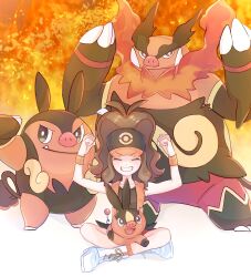 Rule 34 | 1girl, absurdres, alternate color, antenna hair, boots, brown hair, clenched hands, closed eyes, creatures (company), emboar, evolutionary line, fire, game freak, gen 5 pokemon, grin, hat, highres, hilda (pokemon), long hair, mixed-language commentary, nintendo, on lap, open clothes, open vest, orange socks, orange vest, orange wristband, pignite, pokemon, pokemon (creature), pokemon masters ex, pokemon on lap, ryusa (gjgd7445), sidelocks, sitting, smile, socks, teeth, tepig, vest, white footwear