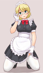 Rule 34 | adjusting eyewear, alternate costume, apron, bespectacled, black dress, black footwear, blonde hair, blue eyes, blush, bow, bowtie, braid, clothes lift, collared shirt, darjeeling (girls und panzer), dress, dress lift, enmaided, frilled apron, frilled dress, frills, garter straps, girls und panzer, glasses, gloves, grey background, hair between eyes, kneeling, lifted by self, light smile, looking at viewer, maid, maid apron, maid headdress, parted lips, puffy short sleeves, puffy sleeves, red bow, red bowtie, round eyewear, shirt, short sleeves, simple background, swept bangs, thighhighs, thighs, uona telepin, white apron, white gloves, white thighhighs