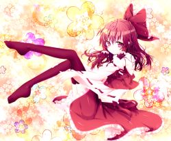 Rule 34 | 1girl, bad id, bad pixiv id, bow, brown hair, cherry blossoms, detached sleeves, expressionless, female focus, floral background, flower, full body, hair bow, hakurei reimu, highres, japanese clothes, large bow, leg up, long hair, miko, multicolored eyes, plant, profile, purple eyes, red eyes, red hair, red thighhighs, ribbon, riichu, sarashi, sitting, solo, thighhighs, toe-point, touhou