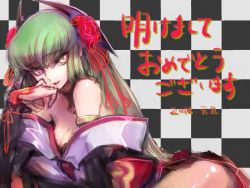 Rule 34 | 10s, 1girl, 2016, breasts, c.c., c (rahit), cleavage, code geass, green hair, happy new year, headwear request, japanese clothes, long hair, looking at viewer, new year, smile, solo, yellow eyes