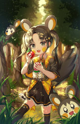 Rule 34 | 1girl, :d, absurdres, animal ears, apple, black capelet, black eyes, black hair, black skirt, blurry, blurry background, bomhae, bow, bowtie, bracelet, brooch, capelet, center frills, commentary request, creatures (company), depth of field, emolga, feet out of frame, flat chest, food, forest, frills, fruit, game freak, gen 5 pokemon, hair ornament, highres, holding, holding food, holding fruit, jewelry, lightning bolt, lightning bolt hair ornament, lightning bolt symbol, long hair, looking at viewer, nature, nintendo, open mouth, over-kneehighs, parted bangs, personification, pokemon, pokemon (creature), shirt, skirt, smile, standing, standing on one leg, tail, thighhighs, tree, twintails, white shirt, yellow bow, yellow neckwear