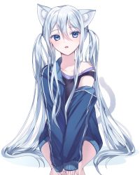 Rule 34 | 1girl, animal ears, bare shoulders, black tank top, blue eyes, blue jacket, cat ears, cat girl, cat tail, commentary request, feet out of frame, hair between eyes, jacket, long hair, long sleeves, looking at viewer, off shoulder, open clothes, open jacket, paraffin, parted lips, project sekai, silver hair, sleeves past wrists, solo, tail, tank top, very long hair, white background, yoisaki kanade