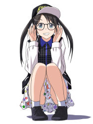 Rule 34 | 1girl, adjusting eyewear, baseball cap, black-framed eyewear, black footwear, black hair, black jacket, blue eyes, commentary request, crotch seam, full body, glasses, grin, hat, idolmaster, idolmaster shiny colors, jacket, lielos, long hair, long sleeves, looking at viewer, miniskirt, mitsumine yuika, panties, pantyshot, partial commentary, print headwear, print skirt, shadow, shoes, simple background, skirt, smile, socks, solo, squatting, twintails, underwear, white background, white panties, white skirt, white socks