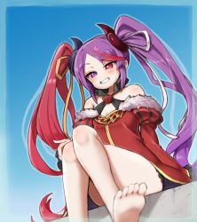 Rule 34 | 1girl, absurdres, bare legs, bare shoulders, barefoot, blue background, blurry, blurry foreground, blush, border, breasts, chain, clenched teeth, commentary request, crossed legs, dot nose, feet, from below, fur trim, grin, hair ornament, hairclip, heart, heterochromia, highres, ichika (ichika manga), long hair, looking at viewer, looking down, misaki (princess connect!), multicolored hair, open mouth, outline, princess connect!, purple eyes, purple hair, red eyes, red hair, small breasts, smile, soles, solo, teeth, toes, twintails, two-tone hair, very long hair