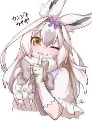 Rule 34 | 1girl, :3, blush, bow, bowtie, capelet, center frills, finger to mouth, frills, fur collar, gloves, grey bow, grey bowtie, hair bow, highres, isobee, kemono friends, kemono friends 3, long hair, one eye closed, orange eyes, purple bow, snowshoe hare (kemono friends), solo, translation request, white capelet, white fur, white gloves, white hair