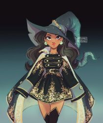 Rule 34 | 1girl, aqua background, aqua cloak, aqua hat, belt, belt buckle, black belt, black dress, black eyes, black footwear, black hair, black sleeves, boots, buckle, cloak, closed mouth, commentary, cowboy shot, dark-skinned female, dark skin, dress, earrings, english commentary, eyelashes, freckles, gold trim, gradient background, grey hat, hat, highres, instagram username, itslopezz, jewelry, lipstick, long hair, long sleeves, looking at viewer, makeup, original, red lips, short dress, simple background, sleeves past fingers, sleeves past wrists, smirk, solo, studded belt, thick eyebrows, thigh boots, two-sided cloak, two-sided fabric, two-sided headwear, watermark, wavy hair, white cloak, witch, witch hat