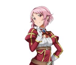 Rule 34 | 1girl, belt, breasts, cleavage, gloves, hair ornament, hairclip, hand on own hip, lisbeth (sao-alo), looking at viewer, medium breasts, neck ribbon, pink hair, red eyes, ribbon, short hair, solo, standing, striped ribbon, sword art online, transparent background, upper body, white gloves