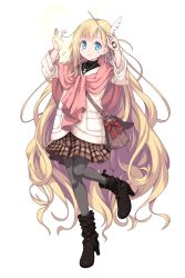 Rule 34 | 1girl, bag, blonde hair, blue eyes, blush stickers, boots, casual, dress, fortissimo, full body, hair ornament, hands up, jewelry, leg up, long hair, looking at viewer, musical note, musical note hair ornament, necklace, official art, pantyhose, ribbon, solo, sonata, standing, sweater, sweater dress, transparent background, venus eleven vivid!, very long hair, wand, waving