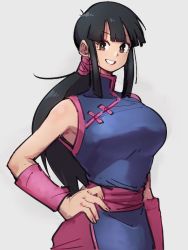 Rule 34 | 1girl, arm at side, armpits, bare arms, black hair, blue dress, blunt bangs, breasts, brown eyes, chi-chi (dragon ball), china dress, chinese clothes, dragon ball, dragon ball (classic), dress, eyelashes, fingernails, grey background, grin, hand on own hip, high collar, kemachiku, large breasts, long hair, looking at viewer, pants, pink pants, pink wristband, ponytail, side slit, sidelocks, simple background, smile, solo, upper body, wristband