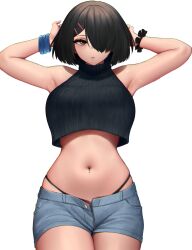 Rule 34 | 1girl, absurdres, armpits, arms up, black hair, black sweater, blue shorts, bracelet, breasts, brown eyes, crop top, crop top overhang, curvy, denim, denim shorts, ela angraeni (revian samuel dani), english text, hair ornament, hair over one eye, hairclip, highres, jewelry, large breasts, looking at viewer, navel, navel piercing, open fly, original, panty straps, parted lips, piercing, rev60, scrunchie, short hair, short shorts, shorts, simple background, sleeveless, sleeveless turtleneck, solo, stomach, sweater, tented shirt, turtleneck, white background, wide hips, wrist scrunchie