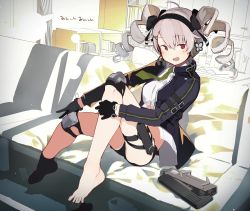 Rule 34 | 1girl, barefoot, black gloves, black socks, blush, breasts, couch, drill hair, feet, folding gun, full body, fuu fuu, girls&#039; frontline, gloves, green necktie, gun, hair ornament, hairclip, highres, indoors, knee pads, looking at viewer, machine gun, necktie, open mouth, pp-90, pp-90 (girls&#039; frontline), red eyes, ribbon, short shorts, shorts, silver hair, sitting, smile, socks, solo, submachine gun, transforming weapon, twintails, weapon