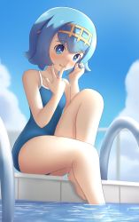 Rule 34 | 1girl, absurdres, blue background, blue eyes, blue hair, blue sky, blush, bright pupils, collarbone, creatures (company), game freak, highres, lana (pokemon), licking lips, looking at viewer, nintendo, one-piece swimsuit, partially submerged, playing with own hair, pokemon, pokemon sm, pool, poolside, short hair, sitting, sky, smile, solo, swimsuit, tiara, tongue, tongue out, water, white pupils, yami 45612