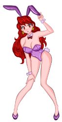 Rule 34 | 1girl, animal ears, breasts, captain syrup, cleavage, earrings, highres, jewelry, large breasts, leaning forward, leotard, nintendo, playboy bunny, purple footwear, purple leotard, rabbit ears, red eyes, red hair, solo, strapless, strapless leotard, transparent background, wario land