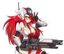 Rule 34 | 1girl, animification, armor, bare shoulders, between breasts, bodysuit, breasts, cannon, cleavage, elbow gloves, gloves, green eyes, gun, helmet, hmage, large breasts, mecha musume, red hair, simple background, smile, thighhighs, titanfall, titanfall (series), titanfall 2, tone (titanfall 2), transparent background, v, visor, visor cap, weapon