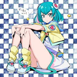 Rule 34 | 1girl, aqua eyes, aqua hair, checkered background, closed mouth, commentary request, hagoromo lala, hands on own knees, heart, legs, looking at viewer, matching hair/eyes, nakahira guy, panties, pantyshot, pointy ears, precure, shoes, short hair, short sleeves, sitting, skirt, socks, solo, star-shaped pupils, star (symbol), star twinkle precure, symbol-shaped pupils, thighs, translated, underwear, white panties, white skirt