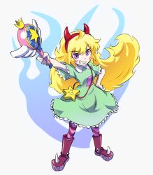 Rule 34 | 1girl, ahoge, arm up, bag, blonde hair, boots, cosplay, crossover, demon horns, dress, full body, grin, hairband, hand on own hip, handbag, horns, iesupa, long hair, looking at viewer, outstretched arm, pantyhose, purple eyes, rwby, smile, solo, star butterfly, star butterfly (cosplay), star vs the forces of evil, striped clothes, striped pantyhose, very long hair, wand, yang xiao long