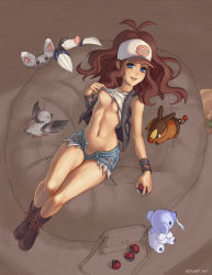 Rule 34 | 10s, 1girl, bag, baseball cap, blue eyes, boots, breast slip, breasts, brown hair, clothes lift, creatures (company), cubchoo, cutoffs, denim, denim shorts, drilbur, female pubic hair, game freak, gen 5 pokemon, hat, highres, hilda (pokemon), hip focus, holding, holding poke ball, looking at viewer, lying, medium breasts, midriff, minccino, navel, nintendo, nipples, no bra, no panties, one breast out, open fly, pidove, poke ball, pokemon, pokemon (creature), pokemon bw, ponytail, pubic hair, shirt lift, shorts, smile, speh, tepig, toned, unbuttoned, underboob, undressing, unworn bag, unzipped, watermark, web address, whimsicott, wide hips