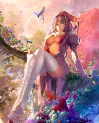 Rule 34 | 1girl, bad id, bad pixiv id, bird, blue eyes, breasts, flower, full body, hat, koihime musou, large breasts, long hair, nature, outdoors, purple hair, revealing clothes, shin koihime musou, sitting, solo, sonken, sunlight, take no ko (dodon), thighhighs, white thighhighs
