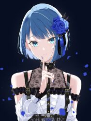 Rule 34 | 1girl, aqua eyes, black (kbym), black ribbon, blue flower, blue hair, blue nails, blue ribbon, blue rose, blunt bangs, bob cut, center frills, collarbone, corset, detached sleeves, dress, floral print, flower, frills, grey corset, hair flower, hair ornament, highres, index finger raised, kiritani haruka, lace, lace-trimmed dress, lace trim, looking at viewer, applying manicure, mixed-language commentary, nail polish, off-shoulder dress, off shoulder, project sekai, ribbon, rose, rose cage (project sekai), rose print, shirt, smile, solo, two-tone ribbon, upper body, white shirt