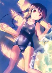 1girl :o absurdres brown_hair female_focus highres looking_at_viewer lying old_school_swimsuit one-piece_swimsuit original red_eyes school_swimsuit shade shiny_clothes solo swimsuit takoyaki_(roast) wet