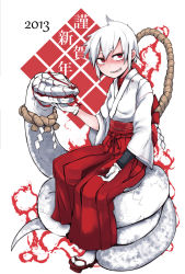 Rule 34 | 10s, 1girl, 2013, albino, bad id, bad pixiv id, gloves, grin, japanese clothes, miko, red eyes, sandals, short hair, sigama, sitting, smile, snake, tabi, white hair