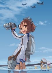 Rule 34 | 10s, 3girls, aircraft, airplane, arm up, binoculars, brown eyes, brown hair, cloud, dated, day, dress, error musume, fairy (kancolle), from behind, girl holding a cat (kancolle), hair ornament, kantai collection, looking at viewer, looking back, multiple girls, open mouth, outdoors, rubber duck, sailor dress, short hair, sky, solo focus, standing, toro (konirio), water, yukikaze (kancolle)