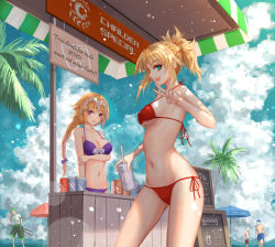 Rule 34 | 2girls, 3boys, :d, arm across waist, bare arms, bare shoulders, bikini, blonde hair, braid, breasts, can, character request, cleavage, cloud, collarbone, cowboy shot, cumulonimbus cloud, dappled sunlight, day, english text, fate/grand order, fate (series), gluteal fold, green eyes, headpiece, highres, holding, holding can, jeanne d&#039;arc (fate), large breasts, long hair, looking at viewer, medium breasts, mordred (fate), mordred (fate) (all), mordred (swimsuit rider) (fate), multiple boys, multiple girls, navel, one piece, open mouth, outdoors, palm tree, ponytail, purple bikini, purple eyes, red bikini, red ribbon, ribbon, roronoa zoro, short hair, short ponytail, side-tie bikini bottom, single braid, smile, stomach, sunlight, swimsuit, tree, underboob, v, very long hair, yuzuriha (atelier liang)
