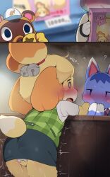 2boys 2girls animal_crossing animal_ears black_skirt blonde_hair blush dagashi_(daga2626) dog_ears dog_girl dog_tail from_behind furry furry_female furry_male green_shirt hetero highres isabelle_(animal_crossing) multiple_boys multiple_girls nintendo panties plaid_clothes plaid_shirt pussy_juice raymond_(animal_crossing) rosie_(animal_crossing) shirt short_hair skirt sweat tail tom_nook_(animal_crossing) two-tone_fur uncensored underwear white_fur white_panties white_shirt yellow_fur