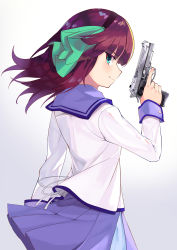 Rule 34 | 1girl, angel beats!, beretta 92, blush, closed mouth, commentary request, gradient background, green eyes, grey background, gun, hand up, handgun, highres, holding, holding gun, holding weapon, long hair, long sleeves, looking at viewer, looking to the side, pistol, pleated skirt, profile, purple hair, purple sailor collar, purple skirt, sailor collar, school uniform, serafuku, shirt, simple background, skirt, smile, solo, soupchan, trigger discipline, weapon, weapon request, white background, white shirt, nakamura yuri