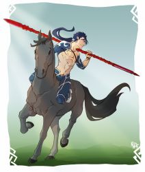 Rule 34 | 1boy, abs, animal, bareback, beads, blue hair, bracelet, crescent, crescent necklace, cu chulainn (caster) (fate), cu chulainn (fate), cu chulainn (fate/stay night), cu chulainn (second ascension) (fate), detached sleeves, earrings, fate/grand order, fate/stay night, fate (series), gae bolg (fate), hair beads, hair ornament, highres, holding, holding weapon, horse, horseback riding, jewelry, keyhof, long hair, muscular, necklace, official alternate costume, outdoors, pants, polearm, ponytail, red eyes, riding, skin tight, smile, spear, spiked hair, strap, sunlight, topless male, type-moon, weapon