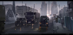 Rule 34 | chinese commentary, cityscape, commentary request, english text, haguruma c, highres, lamppost, letterboxed, lights, maz-6317, mercedes-benz, mercedes-benz g-class, motor vehicle, original, overcast, radio tower, road, sky, snow, sports utility vehicle, sunrise, truck, uaz-452, uaz-469, wet