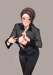 Rule 34 | 1girl, bad id, bad pixiv id, blush, breasts, brown eyes, brown hair, earrings, grey background, jewelry, k52, lingerie, long hair, looking at viewer, medium breasts, open clothes, original, simple background, solo, sweat, underwear, watch, wristwatch
