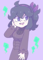 Rule 34 | 1girl, @ @, absurdres, ahoge, alternate hairstyle, blush, breasts, creatures (company), dress, drooling, female focus, game freak, graskip, hair ornament, hairband, hand up, hex maniac (pokemon), highres, long sleeves, looking to the side, medium breasts, nintendo, npc trainer, open mouth, pokemon, pokemon xy, ponytail, purple background, purple dress, purple hairband, short hair, simple background, smile, solo, standing, teeth, turtleneck