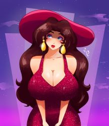 Rule 34 | 1girl, absurdres, artist name, bare shoulders, blue background, blue eyes, breasts, brown hair, cleavage, closed mouth, collarbone, donkey kong (series), dress, earrings, eyelashes, eyeshadow, fedora, glint, gold earrings, hat, highres, itskittikatt, jewelry, large breasts, lips, lipstick, long hair, looking away, looking up, makeup, mario (series), night, nintendo, pauline (mario), pink background, pink eyeshadow, purple background, red dress, red hat, red lips, sky, sleeveless, sleeveless dress, smile, solo, sparkle, star (sky), starry sky, super mario odyssey, thick eyebrows, thick lips