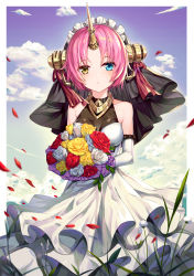 Rule 34 | 1girl, :o, blue eyes, blue sky, blush, bouquet, breasts, brown eyes, btraphen, cleavage, cloud, cloudy sky, collarbone, commentary request, day, dress, elbow gloves, fate/grand order, fate (series), flower, frankenstein&#039;s monster (fate), gloves, highres, holding, holding bouquet, horns, looking at viewer, medium breasts, parted bangs, parted lips, petals, pink hair, red flower, red rose, rose, see-through, see-through cleavage, single horn, sky, sleeveless, sleeveless dress, solo, veil, white dress, white flower, white gloves, white rose, yellow flower, yellow rose