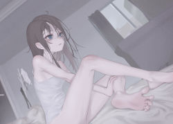 Rule 34 | 1girl, bags under eyes, barefoot, blue eyes, feet, female focus, grey hair, highres, indoors, messy hair, nightgown, on bed, original, pale skin, parted hair, parted lips, sandrewf, signature, sitting, soles, solo, spread toes, strap slip, toes, white nightgown, window