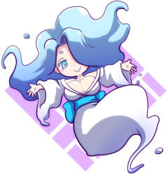 Rule 34 | 10s, 1girl, aqua eyes, aqua hair, breasts, cleavage, enraenra (youkai watch), female focus, hair over one eye, japanese clothes, kimono, large breasts, long hair, monster girl, nollety, simple background, smile, solo, white background, traditional youkai, youkai watch