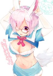 Rule 34 | 1girl, animal ears, blush, breasts, capelet, cleavage, cosplay, fate/grand order, fate (series), fou (fate), fou (fate) (cosplay), fur trim, glasses, hair over one eye, large breasts, looking at viewer, mash kyrielight, navel, official alternate costume, open mouth, p answer, purple eyes, purple hair, riyo (lyomsnpmp) (style), short hair, smile, tail, thighhighs