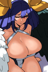 Rule 34 | 1girl, alecto 0, asymmetrical wings, black wings, blue hair, breasts, choker, cleavage, dizzy (guilty gear), feathered wings, guilty gear, guilty gear xrd, hair between eyes, hair ribbon, hair rings, highres, large breasts, mature female, mature female, monster girl, multicolored clothes, multicolored swimsuit, one-eyed, one-piece swimsuit, red eyes, ribbon, shadow, sitting, skindentation, sweat, sweatdrop, swimsuit, thick thighs, thighs, twintails, white wings, wings, yellow ribbon