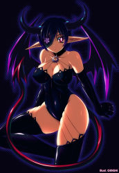 Rule 34 | 1girl, bad id, bad pixiv id, blue hair, breasts, cleavage, curvy, demon girl, elbow gloves, eyepatch, genshi, gloves, horns, large breasts, original, pointy ears, red eyes, short hair, solo, tail, thighhighs, wings