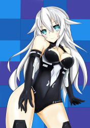 Rule 34 | 10s, 1girl, absurdres, bare shoulders, black gloves, black heart (neptunia), blue background, blue eyes, blush, breasts, checkered background, cleavage, cleavage cutout, clothing cutout, cowboy shot, elbow gloves, flipped hair, gloves, hair between eyes, halterneck, highres, leaning, leotard, light smile, long hair, looking at viewer, magical girl, neptune (series), noire (neptunia), power symbol, power symbol-shaped pupils, shishin (shishintei), simple background, smile, solo, symbol-shaped pupils, thighhighs, thighs, turtleneck, very long hair, white hair