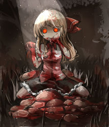Rule 34 | 1girl, alternate hair length, alternate hairstyle, bad id, bad pixiv id, berver, blonde hair, blood, blood in hair, blood on clothes, blood on face, blood on hands, bow, constricted pupils, creepy, food, glowing, glowing eyes, gradient background, hair bow, hand to own mouth, horror (theme), long hair, looking at viewer, meat, orange eyes, organs, rumia, short sleeves, sitting, sketch, skirt, solo, spotlight, staring, touhou