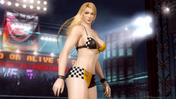 Rule 34 | 1girl, 3d, blonde hair, copyright name, crowd, dead or alive, dead or alive 5, midriff, official art, ponytail, race suit, sarah bryant, tagme, tecmo, virtua fighter