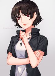 Rule 34 | 1girl, artist name, artist request, black jacket, blush, braid, braided hairband, breasts, brown hair, close-up, collarbone, collared jacket, cropped jacket, crossed arms, crown braid, denim, female focus, grey background, hairband, half-closed eyes, hand on own arm, high collar, highres, jacket, jeans, jewelry, leather, leather jacket, looking at viewer, medium breasts, necklace, niijima makoto, pants, persona, persona 5, persona 5 scramble: the phantom strikers, red eyes, shirt, shirt under jacket, short hair, short sleeves, solo, t-shirt, upper body, white shirt