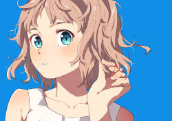 Rule 34 | 1girl, blue background, blue eyes, blush, brown hair, doushimasho, dress, fingernails, twirling hair, hand in own hair, hand up, looking at viewer, medium hair, original, parted lips, simple background, solo, white dress