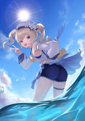 Rule 34 | 1girl, absurdres, alternate costume, artist request, ass, barbara (genshin impact), barbara (summertime sparkle) (genshin impact), bare shoulders, blonde hair, blue eyes, blush, from behind, from below, genshin impact, hair ornament, hat, highres, leotard, long hair, looking at viewer, one eye closed, open mouth, shiny clothes, shiny skin, smile, solo, thigh strap, twintails, water