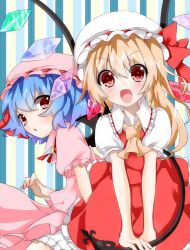 Rule 34 | 2girls, ascot, bad id, bad pixiv id, bat wings, blonde hair, bloomers, blue hair, brooch, colorized, dyumo (moffri), fang, female focus, flandre scarlet, hat, hat ribbon, jewelry, laevatein, looking at viewer, moffri, multiple girls, open mouth, puffy sleeves, red eyes, remilia scarlet, ribbon, shirt, short sleeves, siblings, side ponytail, sisters, skirt, skirt set, slit pupils, smile, striped, striped background, touhou, tsukigami chiruyo (zeroko), underwear, v arms, vest, wings, zerokosan